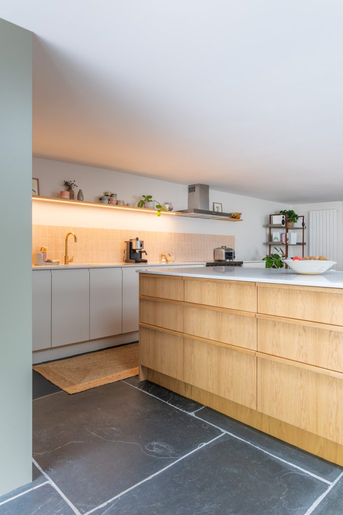 bespoke kitchen cabinetry oak veneer quartz worktop Devon joinery birch ply