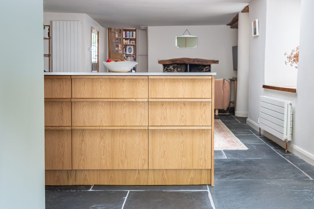 bespoke kitchen cabinetry oak veneer quartz worktop Devon joinery